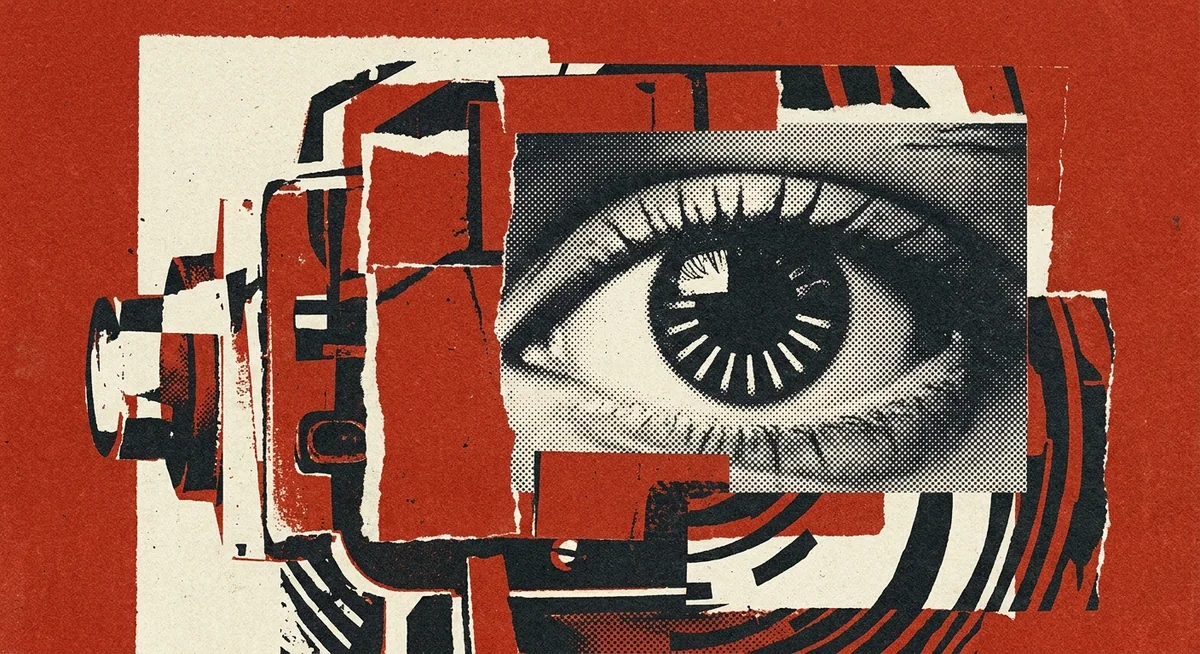 Bold editorial collage of a watchful eye and sentry shield